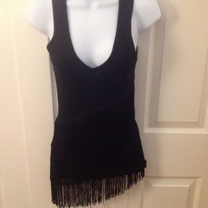 Cache Metallic Black Tank Top Stretchy Fringe Trim Size Small.